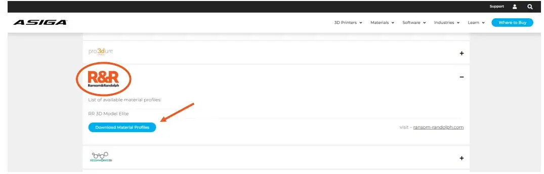 Asiga Open Material Library - profil R&R i pobranie pliku .ini