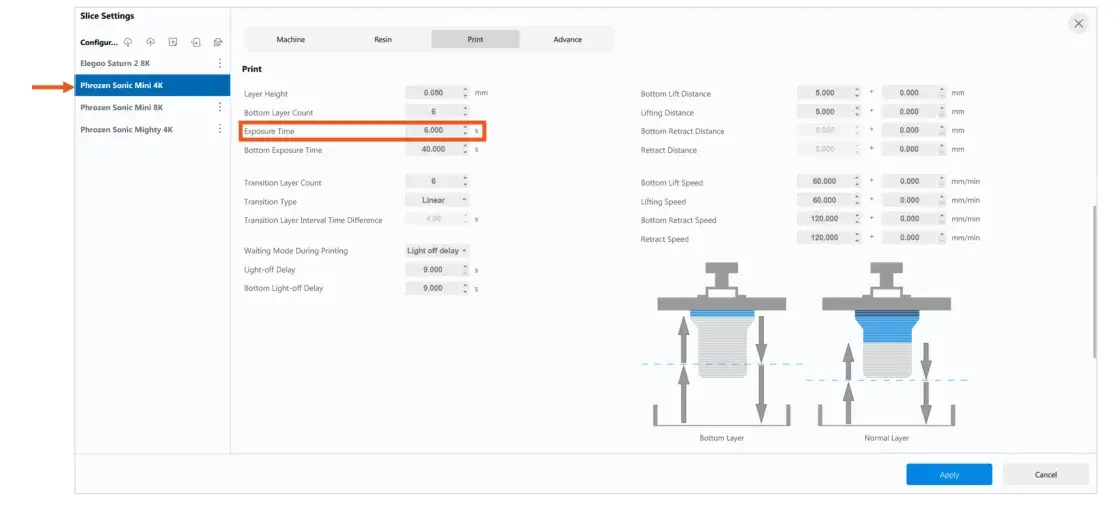 Chitubox - ustawienie Exposure Time dla Sonic Mini 4K i P2C Dental Cast